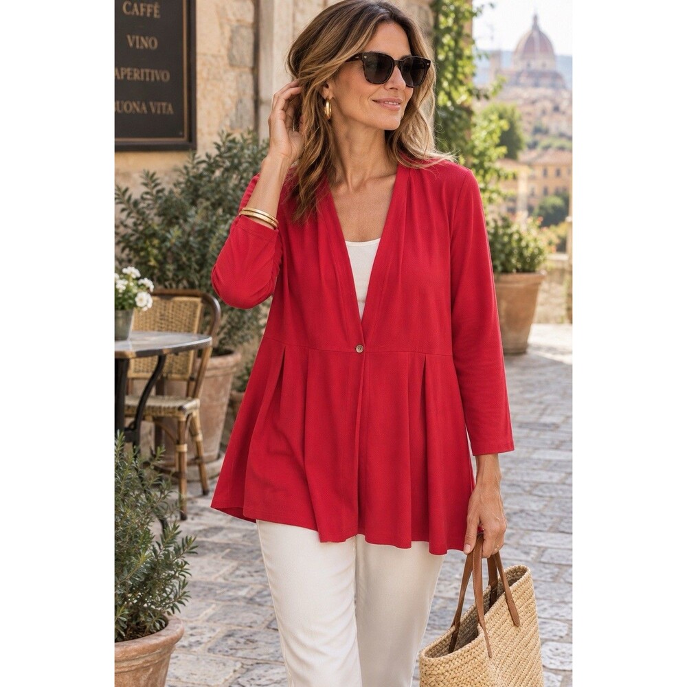 J.Jill Wearever Top M Red Long Sleeve Peplum Cardigan Tunic Pockets Travel Shirt